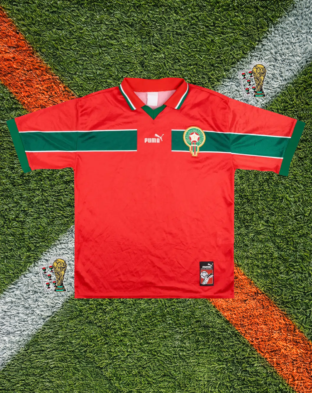 Morocco 1998 Third -World Cup Edition - Puma Classic Red Green Chest Band Polo V-Neck