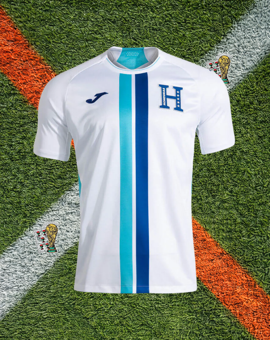 Honduras 2026 Home Jersey- Clean White Dual-Tone Blue Vertical Center Stripes Crew-Neck
