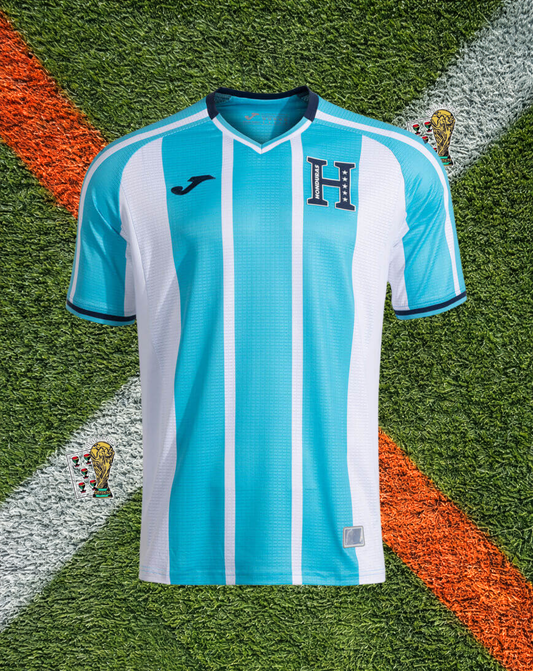 Honduras 2026 Away Jersey- White Vertical Stripes V-Neck Navy Trim