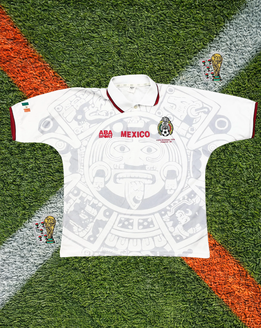 Mexico 1998 Away Jersey – ABA Sport White Aztec Calendar Graphic V-Neck