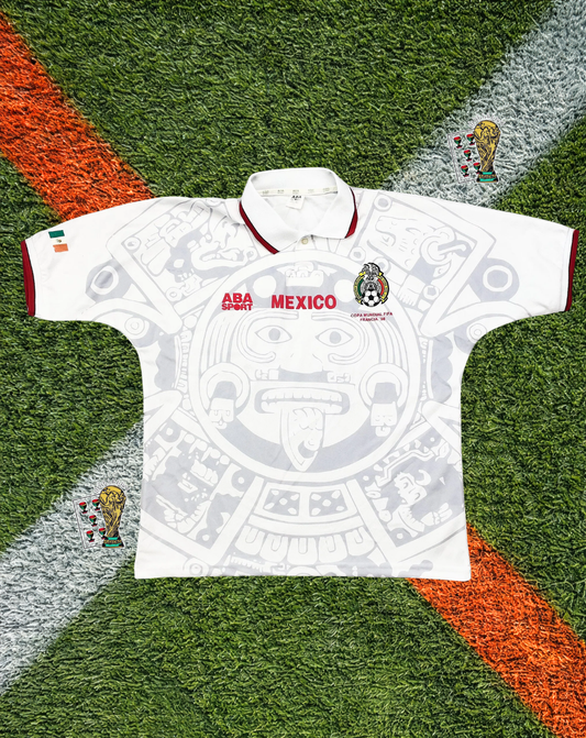 Mexico 1998 Away Jersey – ABA Sport White Aztec Calendar Graphic V-Neck