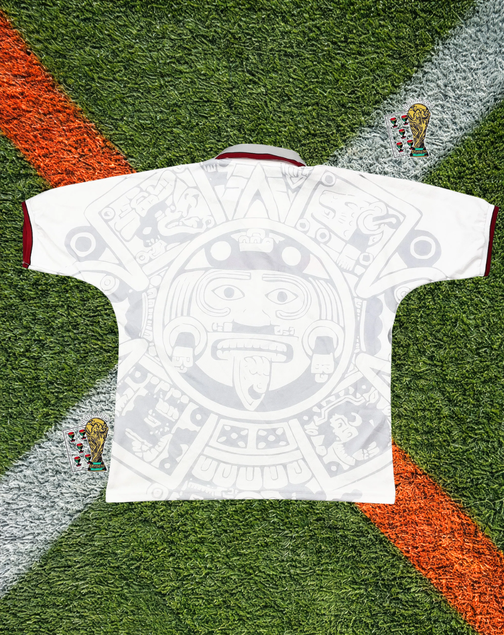 Mexico 1998 Away Jersey – ABA Sport White Aztec Calendar Graphic V-Neck