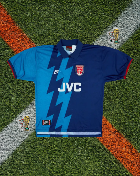 Arsenal FC 1995–96 Away Bergkamp #10 – Nike Blue Lightning Bolt Classic Football Shirt JVC Vintage