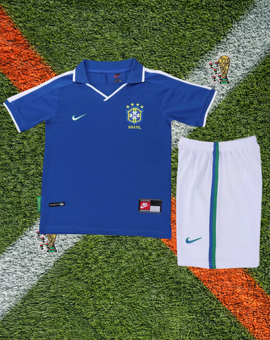 Brazil 1997/1998 Away - Nike Retro Royal Blue Vibrant Yellow Shoulder Accent Stripe- Kids Version