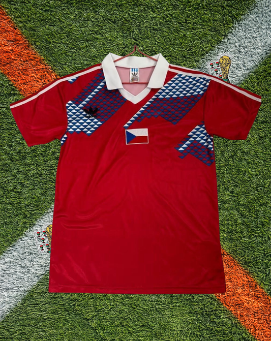 Czechoslovakia 1990  Home jersey - Vintage Three Stripes V-Neck Shadow Stripe Knit- World Cup Edition