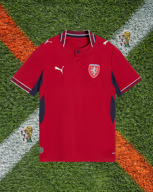 Czech Republic 2026  Home Jersey- Classic Red Cultural Lion Crest Sleeve Trim Henley Collar