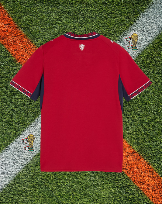Czech Republic 2026  Home Jersey- Classic Red Cultural Lion Crest Sleeve Trim Henley Collar