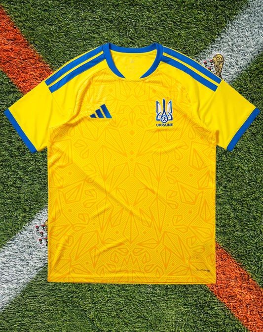 Ukraine 2026 Home Jersey –Vibrant Yellow Electric Blue Accent Geometric Knit Crew Neck