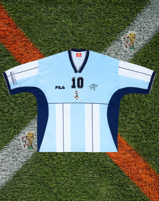 Argentina 2001 Testimonial Maradona #10 – Fila Light Blue & White Tribute Jersey “Homenaje a Diego” Classic Football Shirt