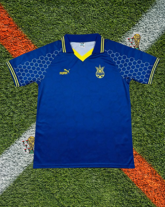 Ukraine 1997/1998 Away Jersey –Royal Blue Honeycomb Pattern Polo V-Neck