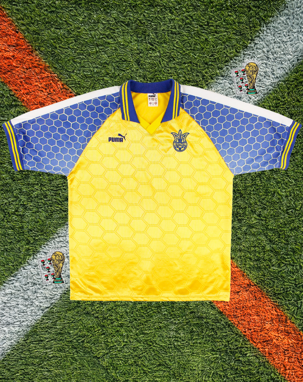 Ukraine 1997/1998 Home Jersey –Sunflower Yellow Honeycomb Pattern Polo V-Neck