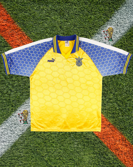 Ukraine 1997/1998 Home Jersey –Sunflower Yellow Honeycomb Pattern Polo V-Neck