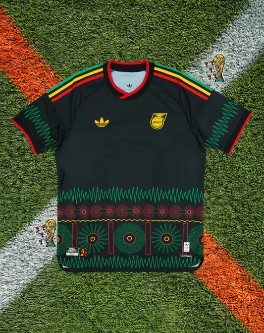 Jamaica 2026 Away Jersey- World Cup Edition - Stealth Black Green Gold Pattern Polo Collar