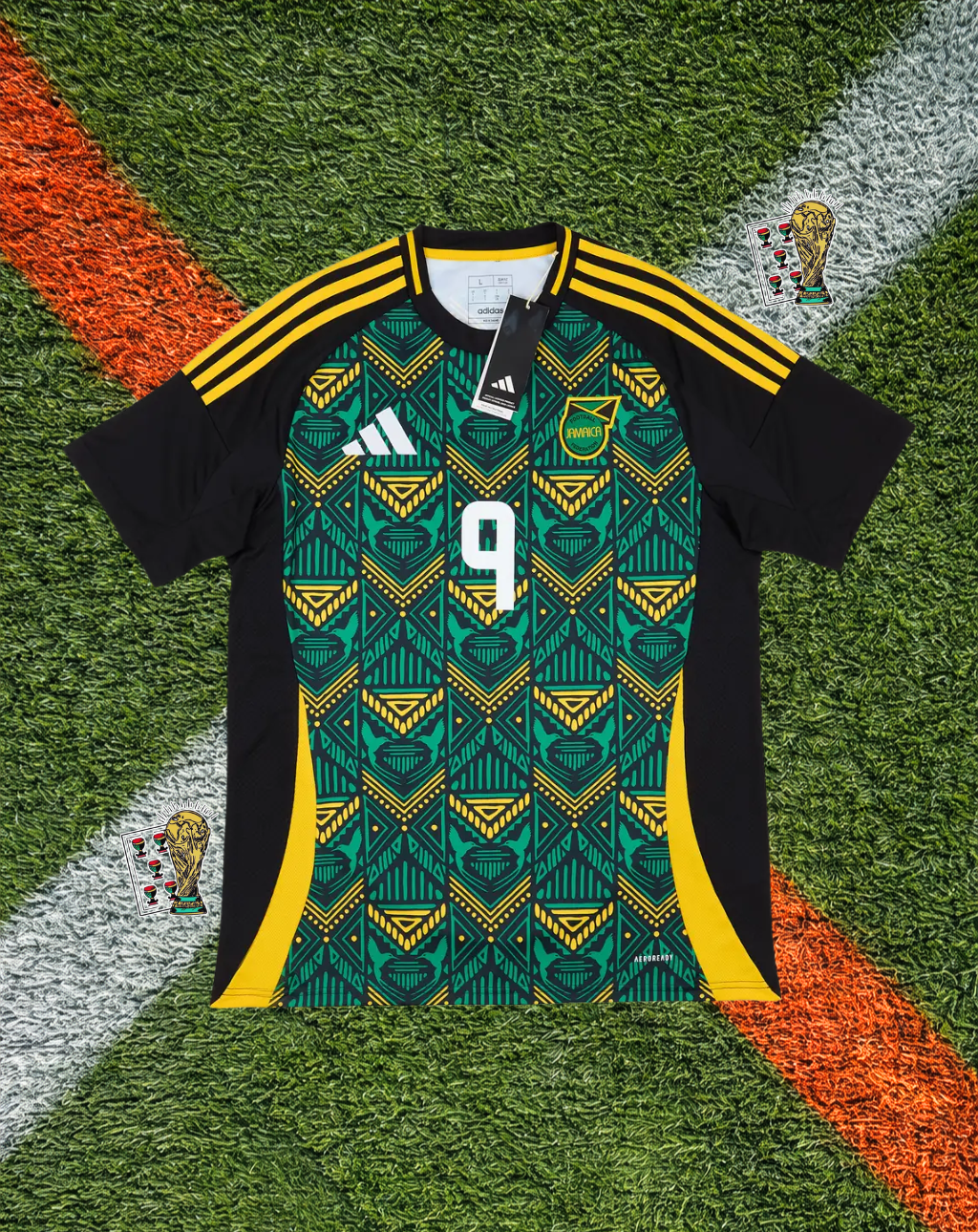 Jamaica 2024/2025 Away Jersey-Black Vibrant Tropical Geometric Knit Crew Neck - Antonio #9 Edition