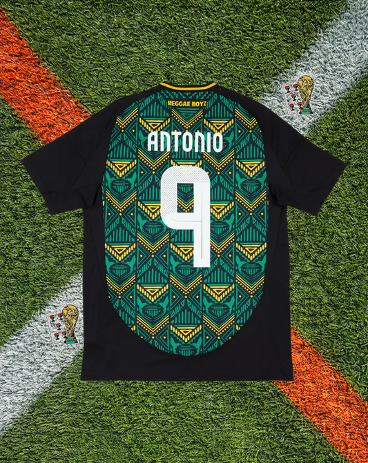 Jamaica 2024/2025 Away Jersey-Black Vibrant Tropical Geometric Knit Crew Neck - Antonio #9 Edition