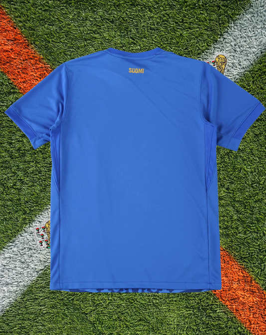 Finland 2025/2026 Away Jersey -Nike Royal Blue Eagle-Owl Folk Art Graphic Gold Trim Crew-Neck