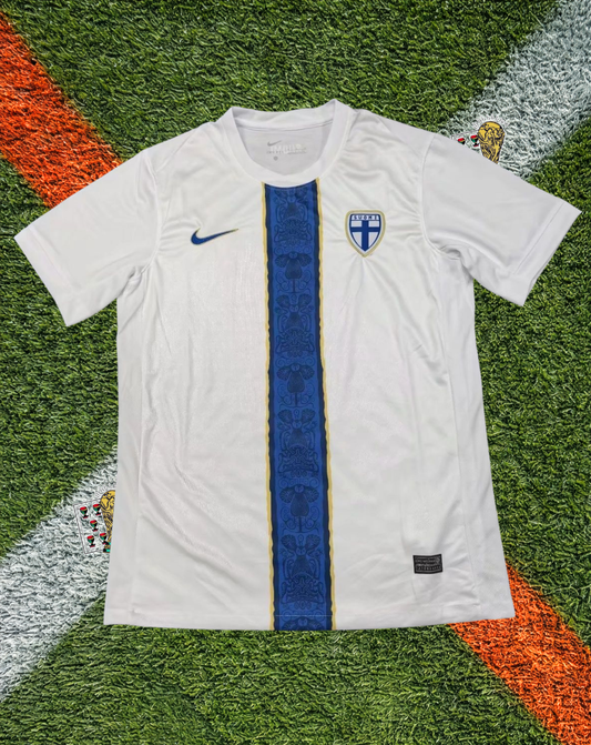 Finland 2025/2026 Home Jersey -Pristine White Center Blue Folk Art Stripe Gold Trim Crew-Neck