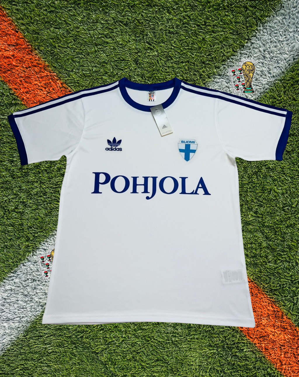 Finland 1982 Home Jersey -Crisp White Dark Blue 3-Stripes Pohjola Sponsor Crew-Neck