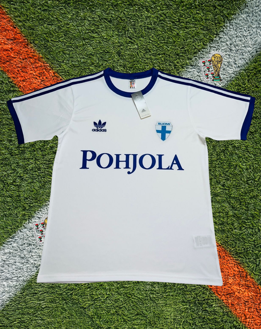 Finland 1982 Home Jersey -Crisp White Dark Blue 3-Stripes Pohjola Sponsor Crew-Neck