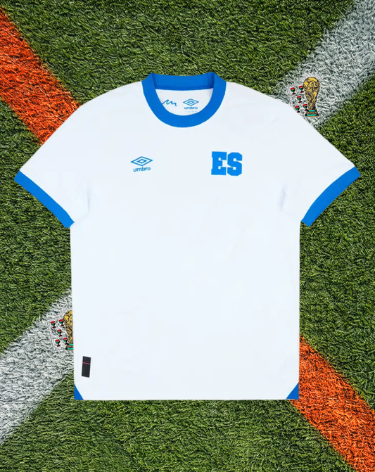 El Salvador 2025/2026  Away Jersey - Umbro Classic Pristine White Vibrant Sky Blue Trim Crew-Neck