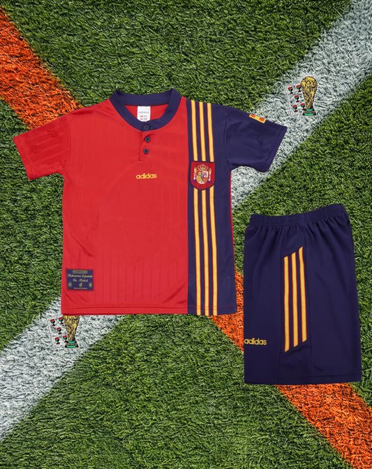 Spain 1996 Home- Vintage Deep Crimson Vertical Crest Ribbed Polo- Kids edition