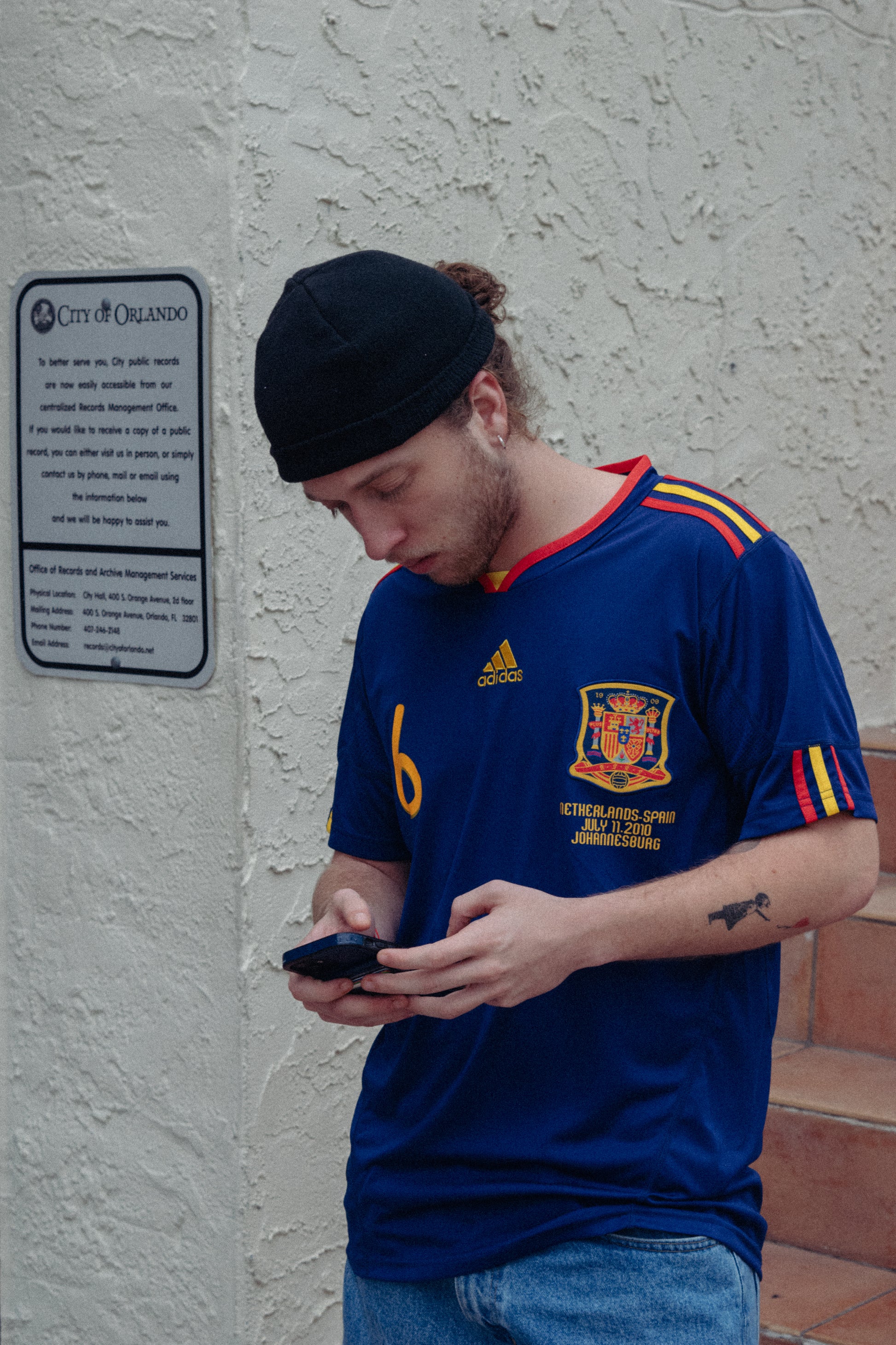 Model wearing Spain 2010 Away Jersey, styled for a modern look

