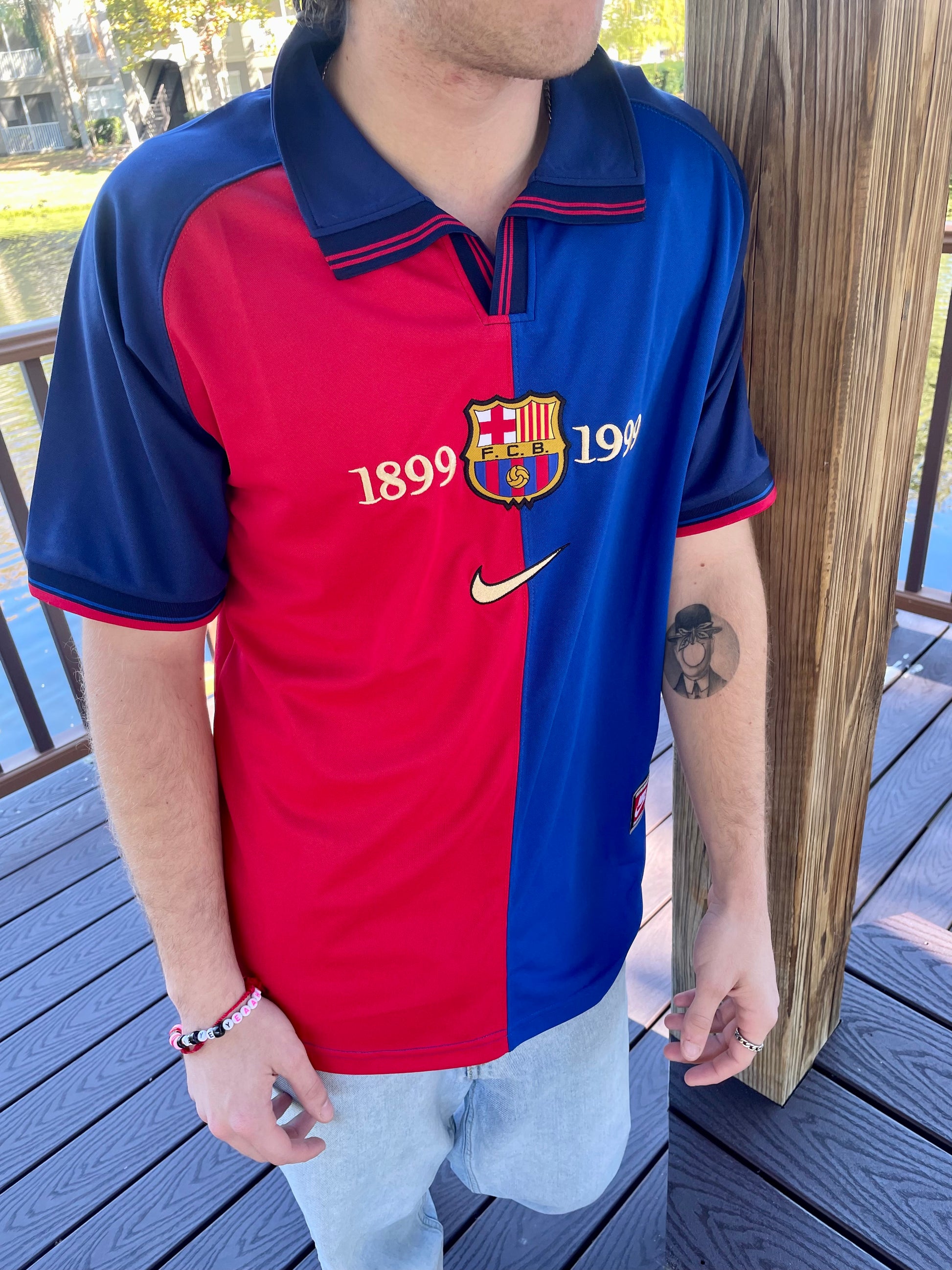 Vintage Barça jersey styled on a neutral background

