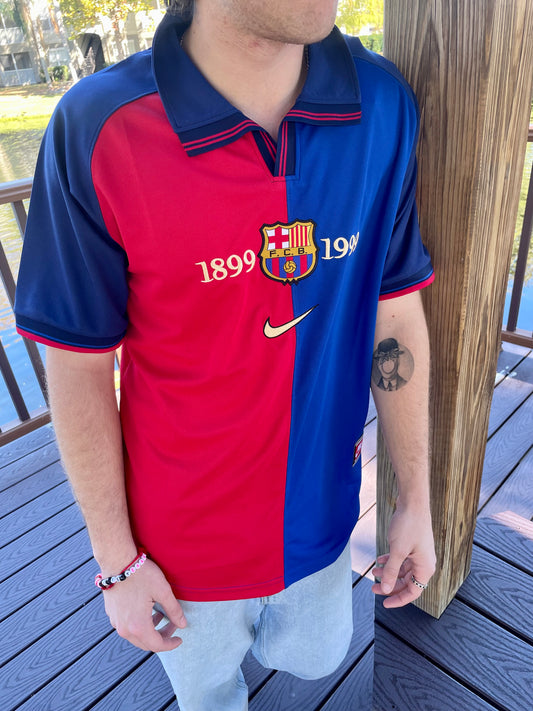 Vintage Barça jersey styled on a neutral background

