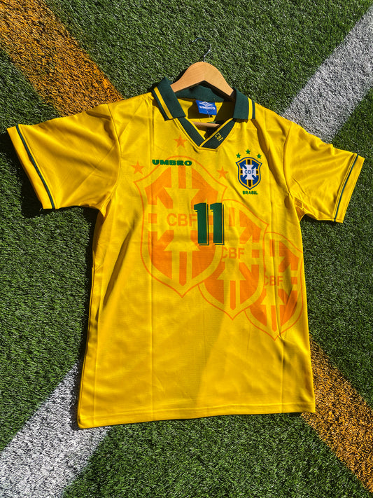 Front view of Brazil 1993 Umbro yellow home jersey

