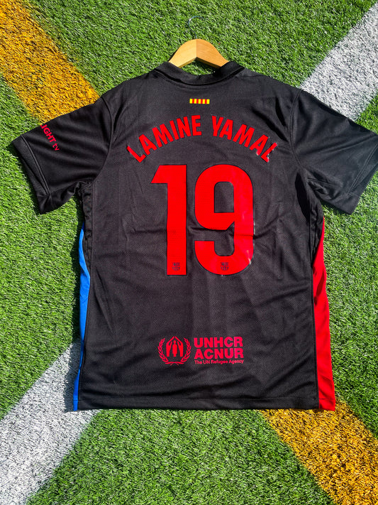 Back view of Barcelona 2024/25 away jersey with Nike logo and club crest, inspired by Cactus Jack streetwear aesthetics