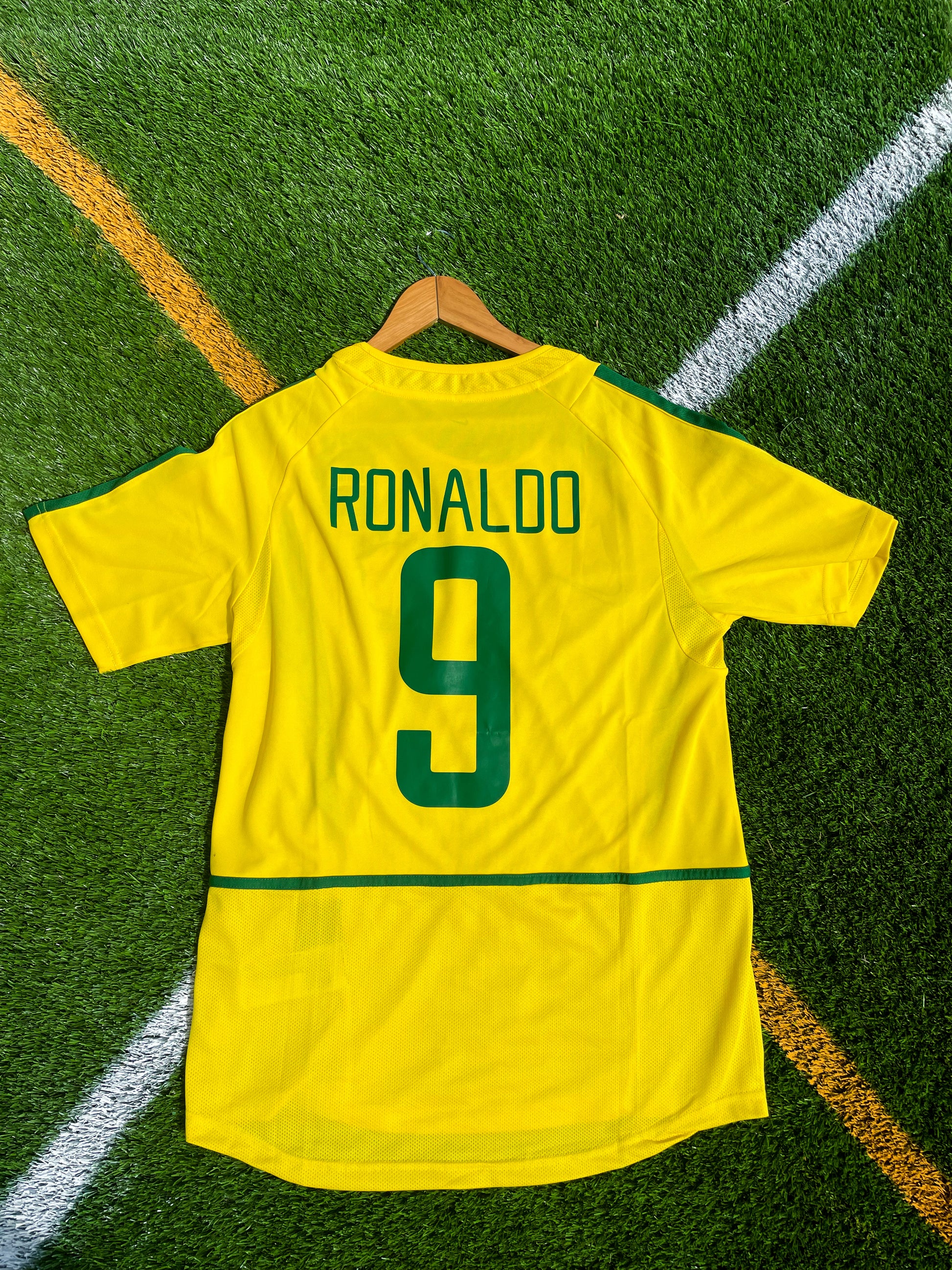 Back view showing Ronaldo #9 on the Brazil 2002 World Cup Jersey.