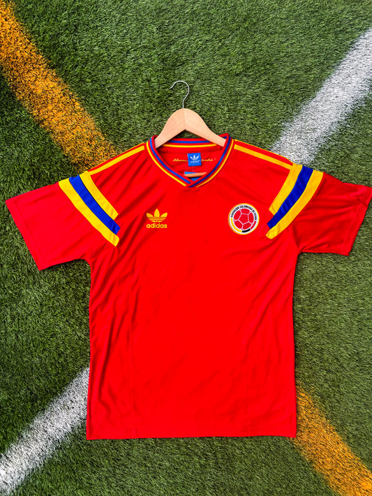 Front view of Colombia 1990 Away Jersey with Adidas trefoil and Colombia crest