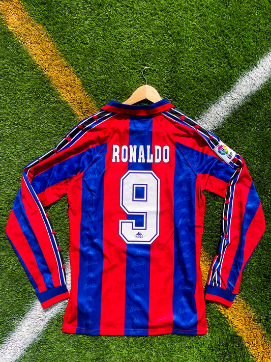 FC Barcelona 1995-1996 Home Jersey – Ronaldo #9 Long Sleeve Classic Blaugrana Vintage Football Shirt - Five Of Cups Official