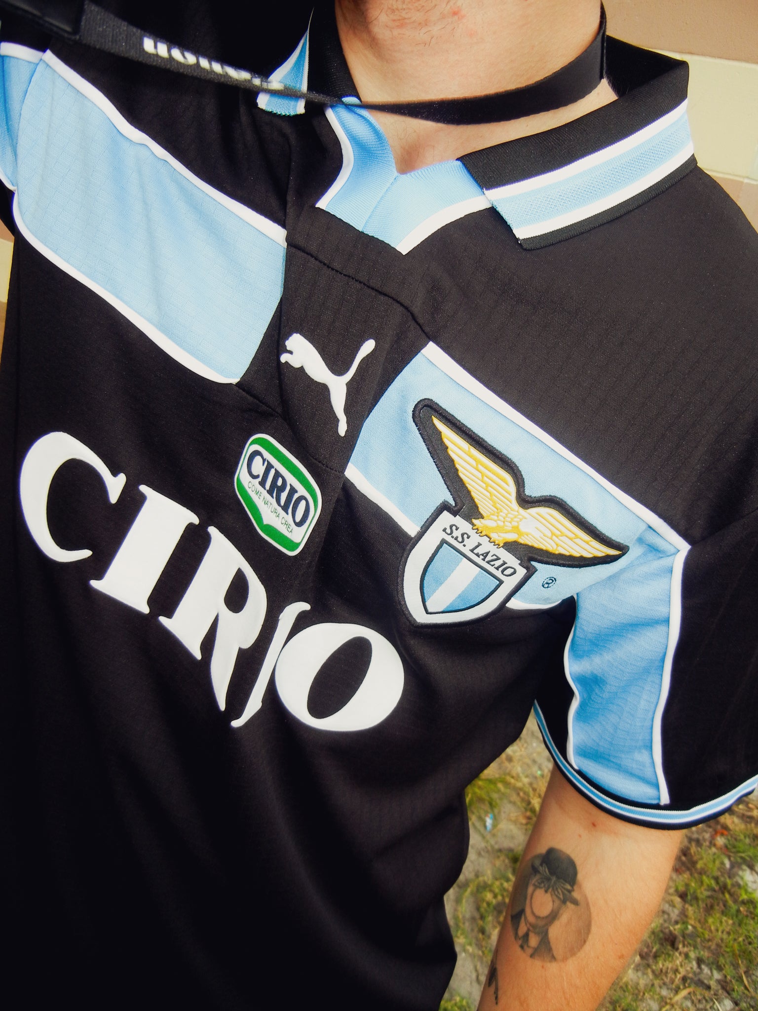 Styled outfit featuring the Lazio 1999 black away retro jersey

