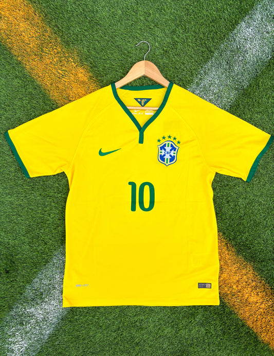Front view of Brazil 2014 Home Jersey with CBF crest and Nike logo