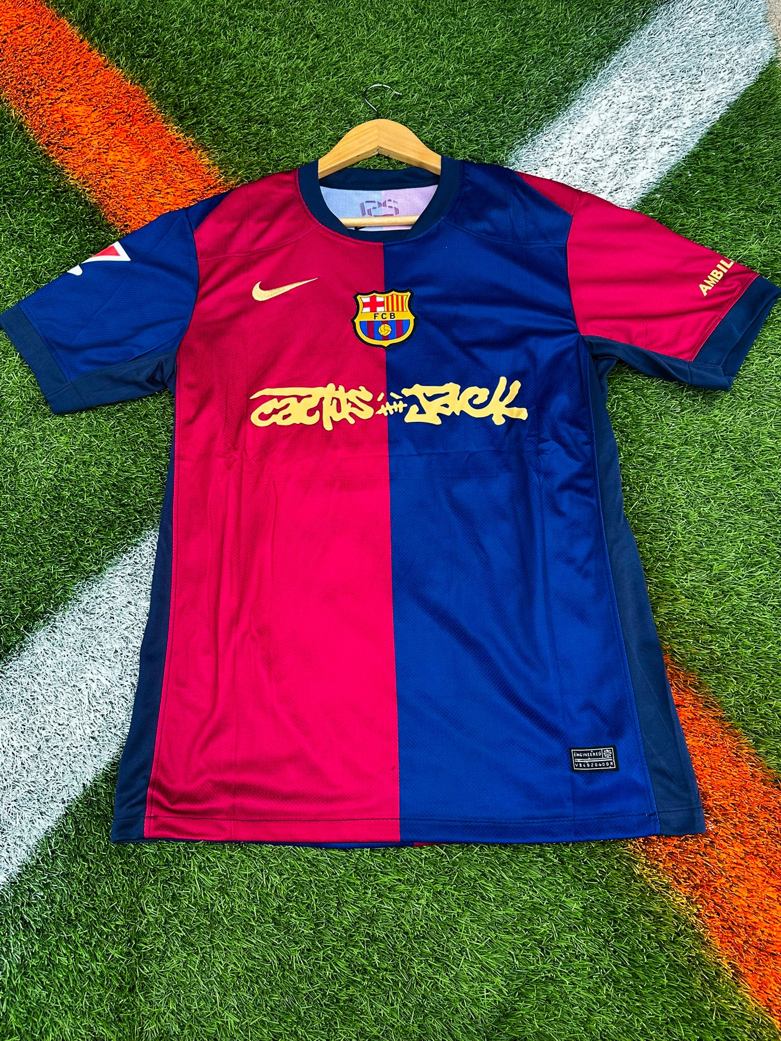Front view of Barcelona 2024/25 Away Jersey featuring Cactus Jack and Lamine Yamal #19 design