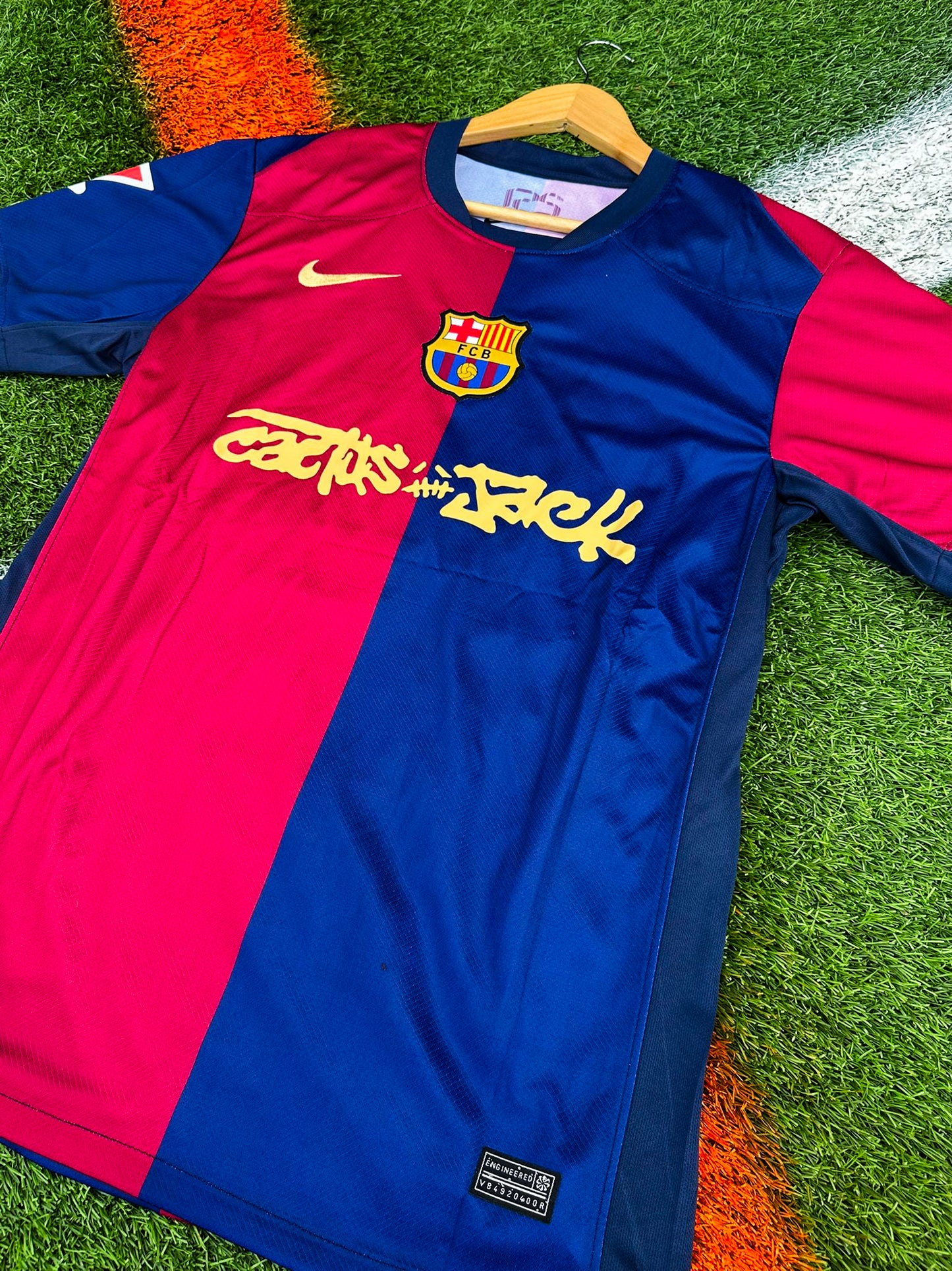 Close-up of Cactus Jack and Nike detailing on the Barcelona 2024/25 Home kit
