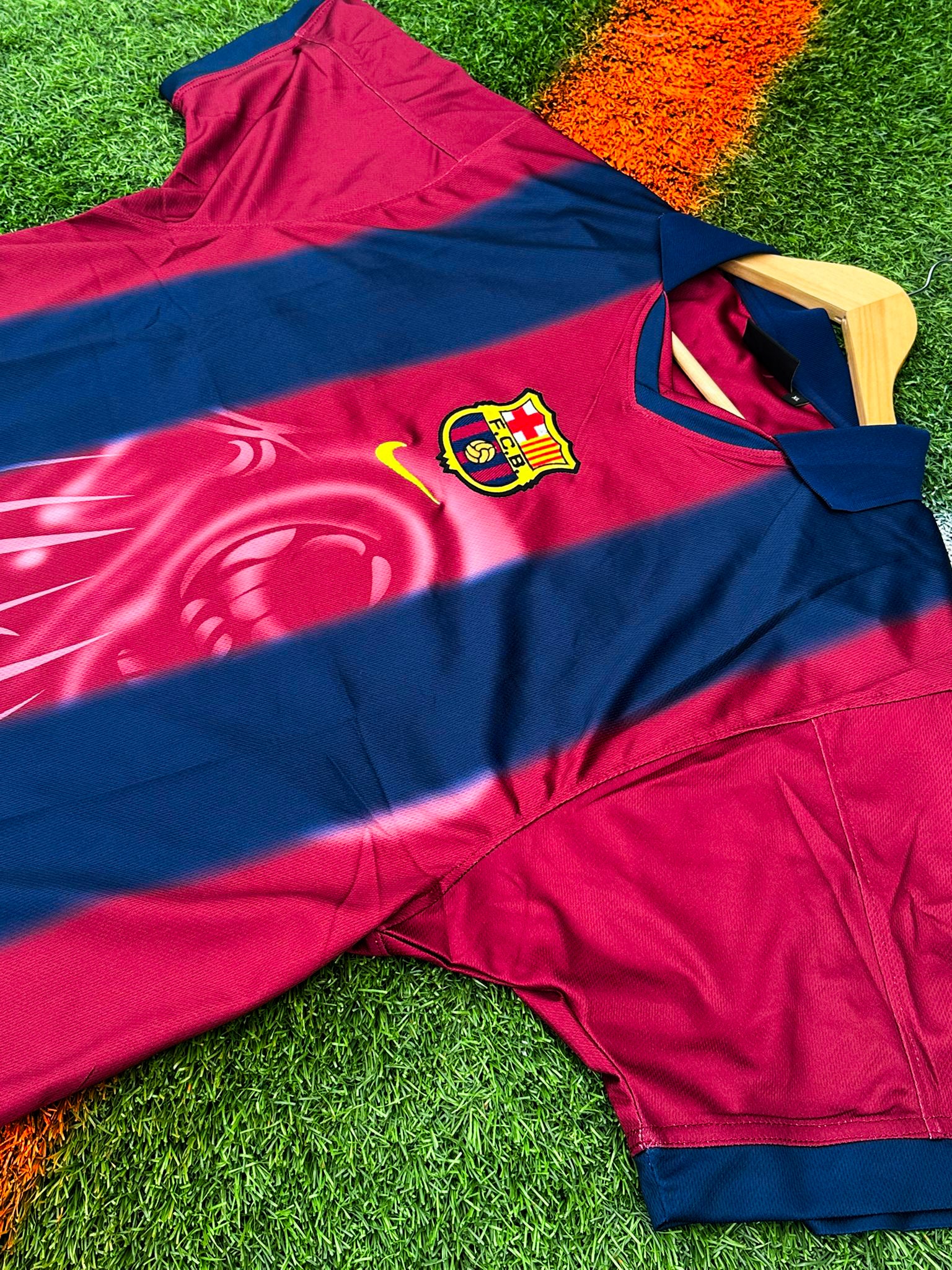 Close-up of Barcelona x Cactus Jack badge and Nike logo on 2024/2025 Home Jersey