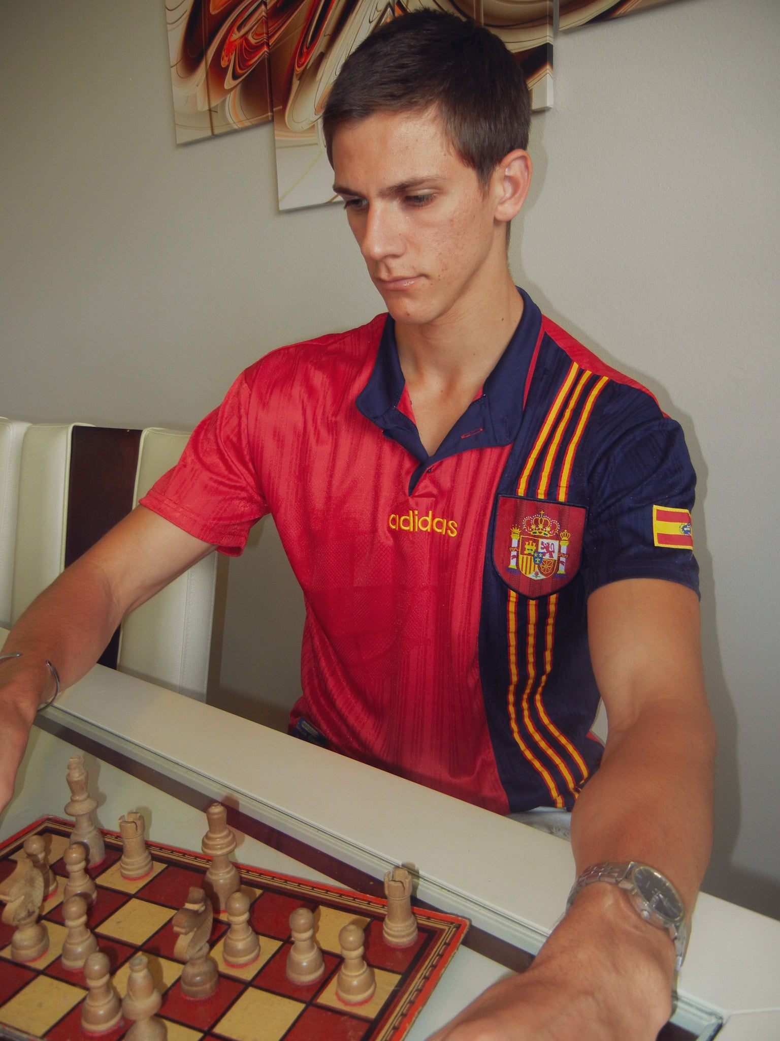 Styled look with the 1996 Spain Home jersey paired with casual streetwear.

