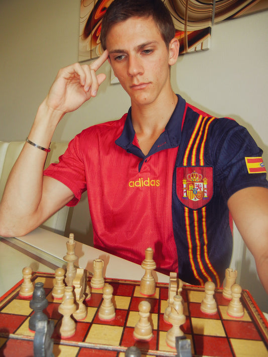 Styled look with the 1996 Spain Home jersey paired with casual streetwear.

