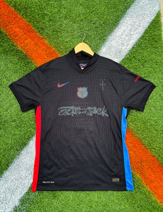 Front view of Barcelona 2024/25 away jersey with Nike logo and club crest, inspired by Cactus Jack streetwear aesthetics