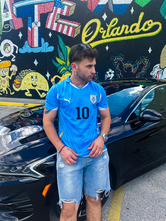 Model wearing the 2010 Uruguay World Cup jersey