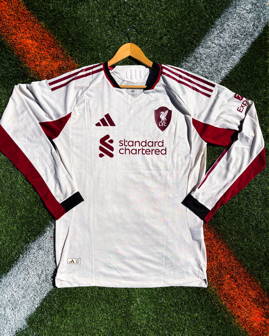 Liverpool 2025–26 Away Jersey  – Cream Off‑White with Red & Black Trim