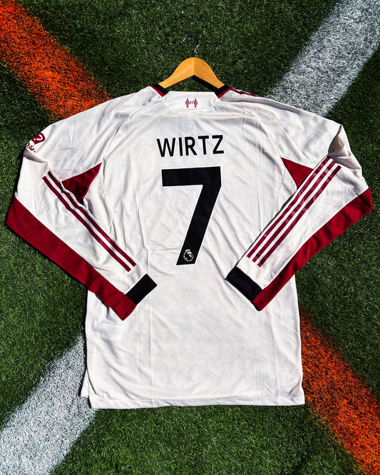 Liverpool 2025–26 Away Jersey  – Cream Off‑White with Red & Black Trim