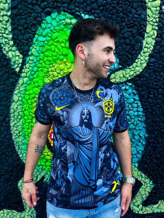 Model wearing the Brazil 2024 Christ the Redeemer kit in a streetwear look