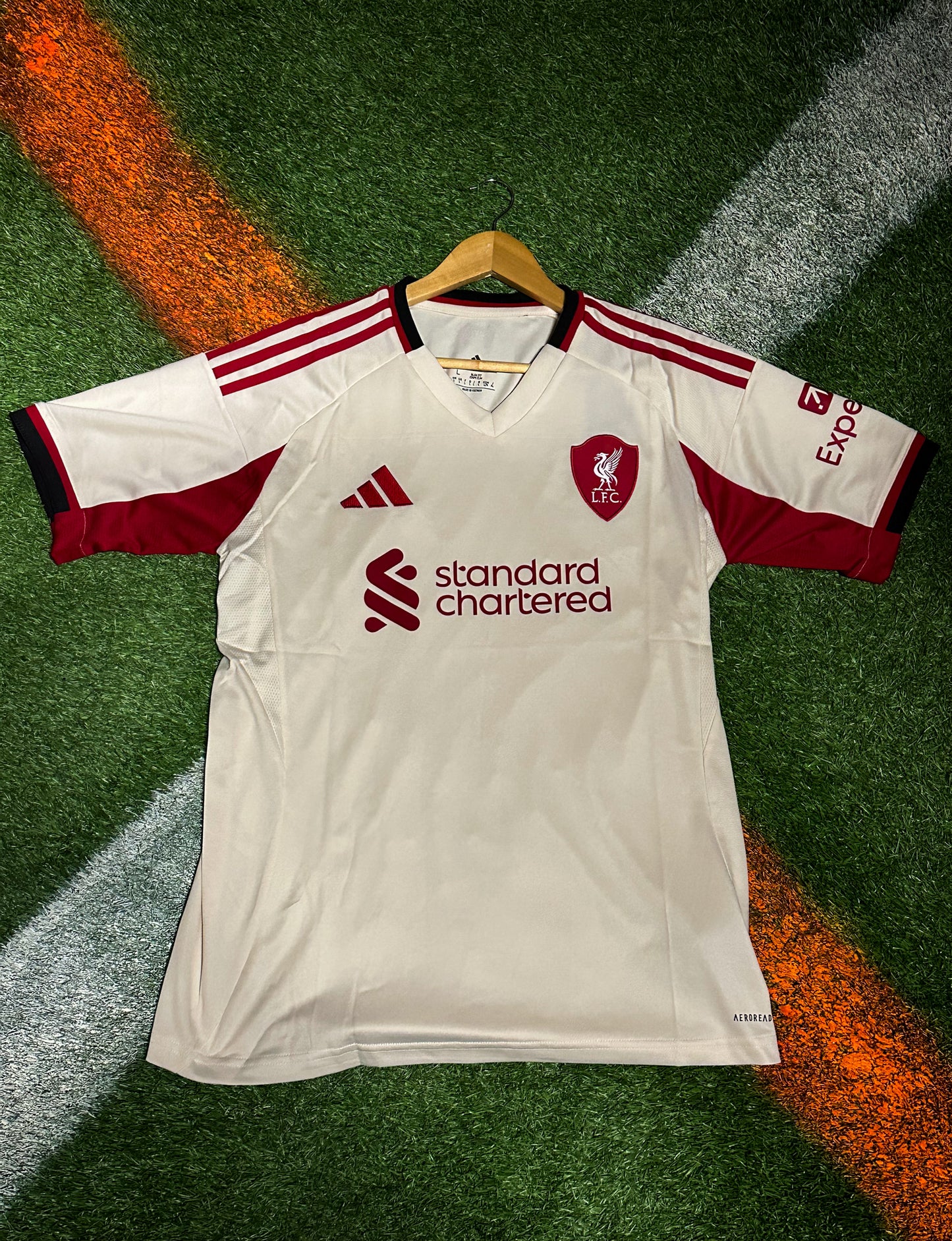 Liverpool 2025–26 Away Jersey  – Cream Off‑White with Red & Black Trim