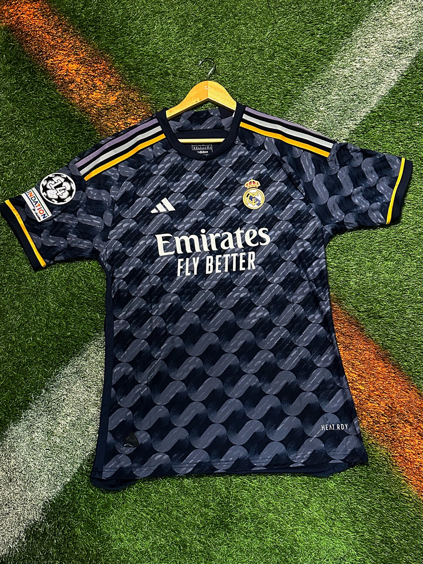 Real Madrid 2023/2024 Away Jersey – Vini Jr 7- Navy & Gold Champions league Kit