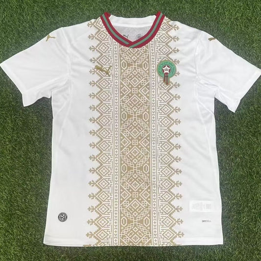 Morocco 2026 Away Jersey - Clean White Center Emerald Green & Red Folk Art Stripe Crew-Neck- World Cup Edition