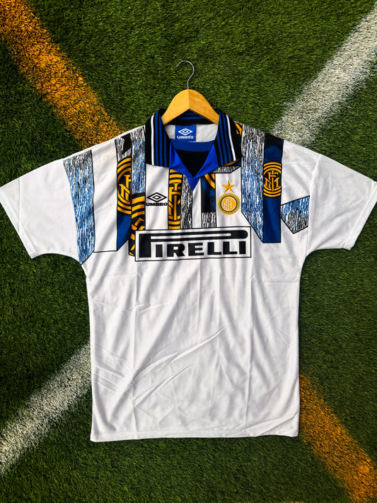 Front view of Inter Milan 1995-96 Away Jersey with white base and chest stripe

