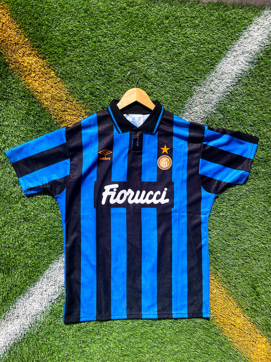 Front view of Inter Milan 1992-93 Home Jersey with bold blue and black stripes

